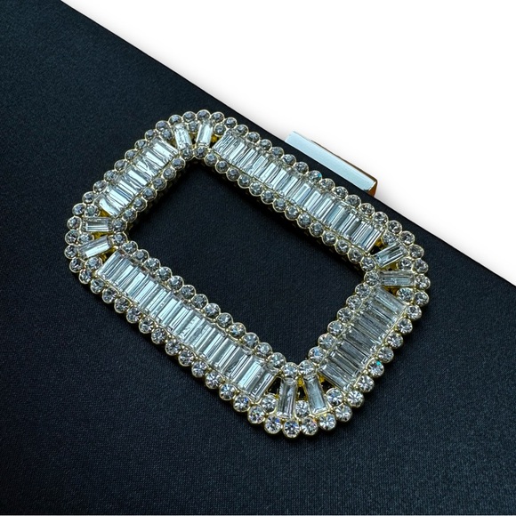 Black Satin Crystal Clutch with Metal Strap - Picture 3 of 9